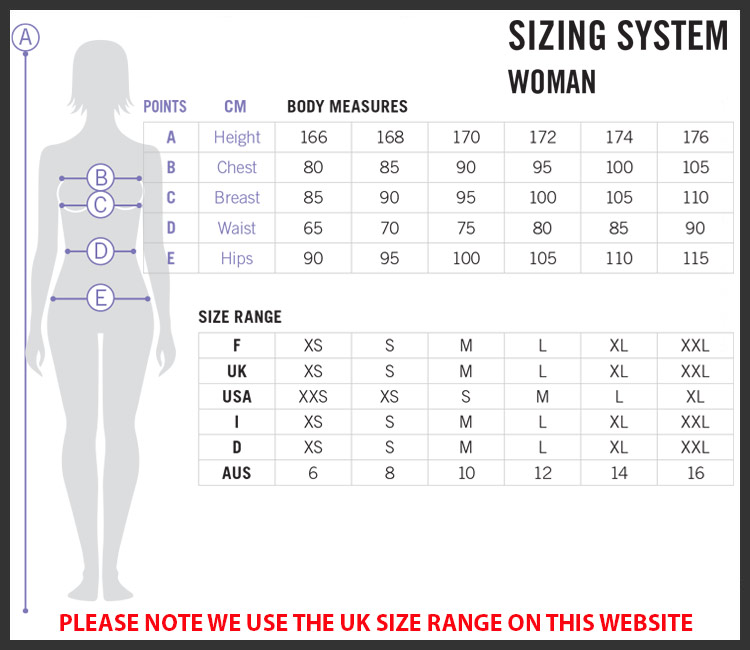 Arena Ladies Sports Clothing Size Chart